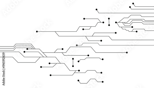 Black electronic circuit board lines with connection nodes on a white background digital network schematic pattern