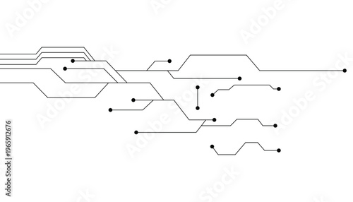 Black electronic circuit board lines and connection dots isolated on a white background digital network pattern