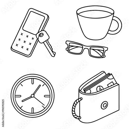 Collection of common personal belongings hand drawn sketches including classic mobile phone key eyeglasses cup clock and wallet with money banknotes