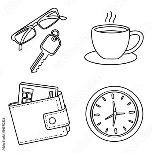 Composition of daily life items hand drawn in black line art including eyeglasses key cup of hot beverage wallet with calculator and round wall clock