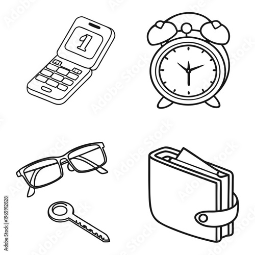 Set of various hand drawn personal items including flip mobile phone alarm clock eyeglasses key and leather wallet with snap closure vector design art