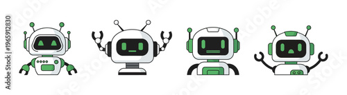 A collection of four distinct white and green technology android robot characters featuring varied digital expressive faces and different mechanical limb designs for digital interface illustration.