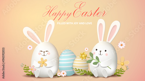 Cute Easter bunnies among flowers and eggs Greeting card, banner -Happy Easter!