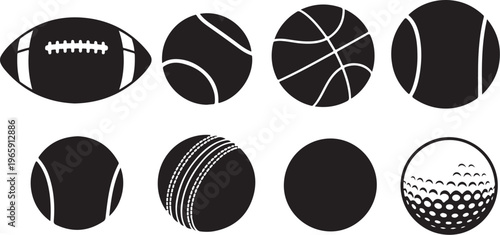 Sports ball icons, athletic vector graphics, black and white illustration set