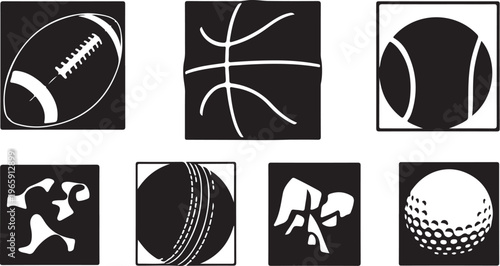 Sports icons, athletic symbols, vector graphics, black and white