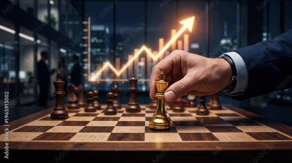 Naklejka premium Businessmans hand moving a golden king chess piece on a chessboard with a rising financial graph overlay representing strategic business planning investment growth and market success
