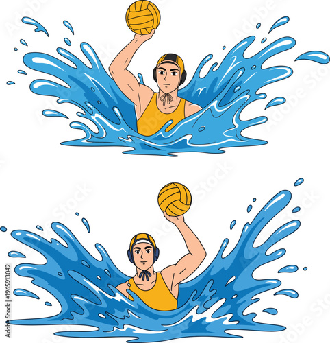 Illustration of water polo players wearing yellow caps and jerseys throwing a ball with big blue water splashes isolated on white background