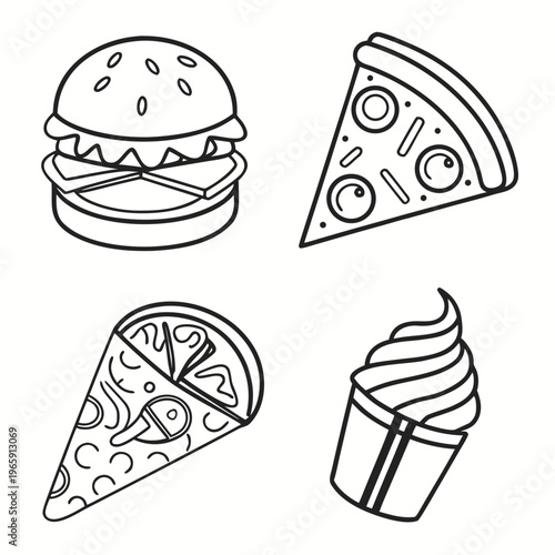 Delicious snacks illustration including burger pizza and creamy dessert in linear style for creative branding and educational material development