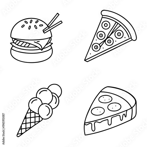 Minimalist food line art icons with burger pizza and ice cream scoops on cone suitable for children coloring books and simplified interface designing