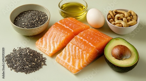Healthy food, salmon fillets, eggs, nuts, seeds, quinoa.
