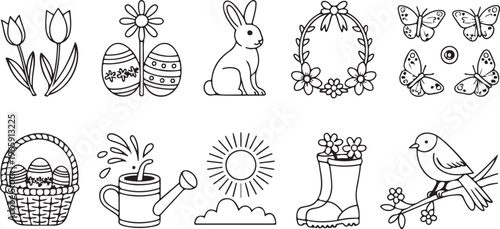 Minimalist household appliance line art icon set,Floral, Bunny, Egg Line Art Collection featuring refrigerator microwave washing machine stove vacuum cleaner and coffee maker