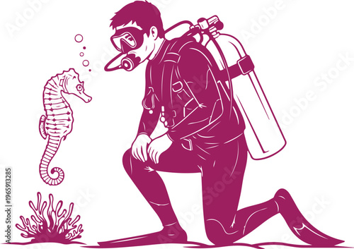 Scuba diver interacting with a curious seahorse in underwater environment Vector, illustration