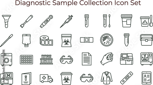 Diagnostic sample collection laboratory line icon set for medical testing healthcare specimen tools interface vector clinical applications