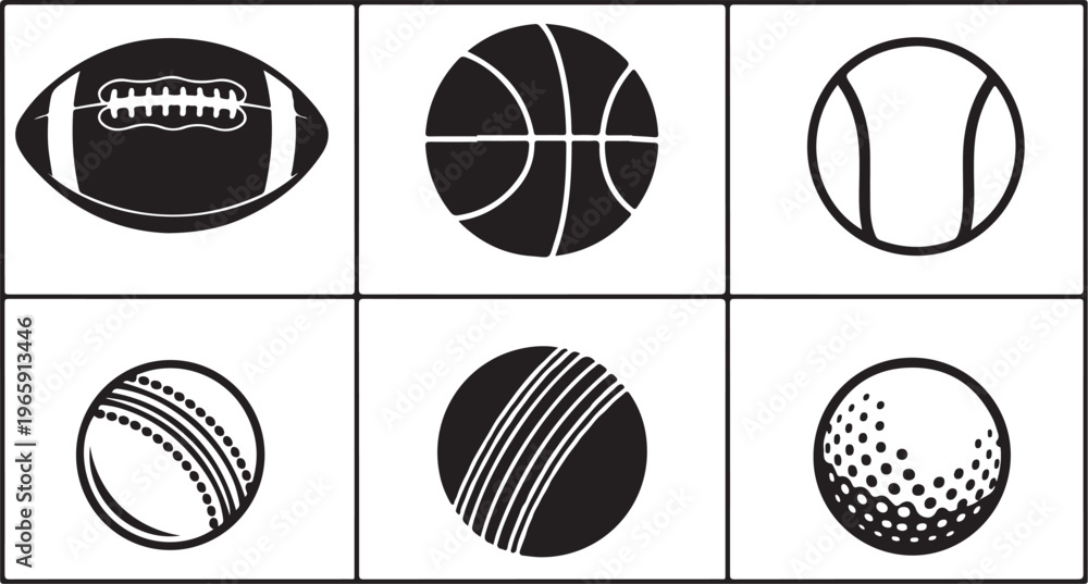 Obraz premium Sports ball icons, athletic symbols, vector set, black and white graphics