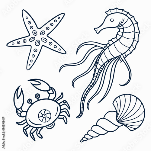 Playful ocean dwellers set featuring crab seahorse starfish and seashell in a delightful doodle art style
