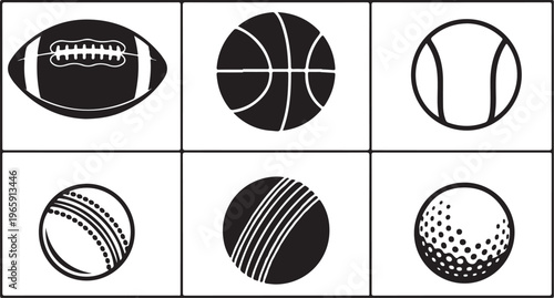 Sports ball icons, athletic symbols, vector set, black and white graphics