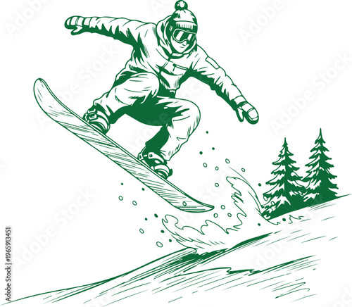 Dynamic snowboarder navigating a snowy slope with trees in the background Vector, illustration