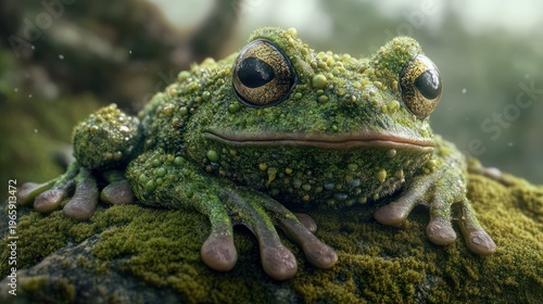 Green Frog Resting on Mossy Rock in Forest