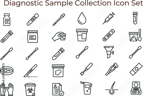 Diagnostic sample collection medical line icon set for laboratory testing healthcare analysis interface symbols vector clinical applications