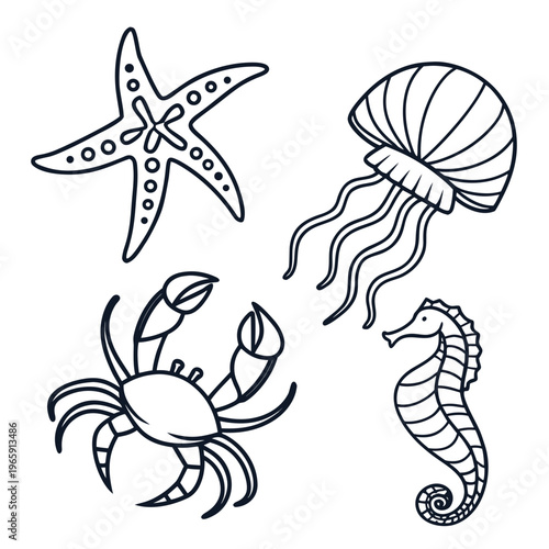 Under the sea creature collection including starfish jellyfish crab and seahorse line art for kids educational coloring book activities and crafts