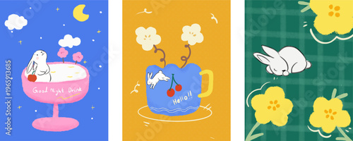 Cute hand-drawn illustration set with white rabbits, blooming flowers, a magical night drink, and a cheerful Hello message, featuring a sleeping bunny on a green plaid background.