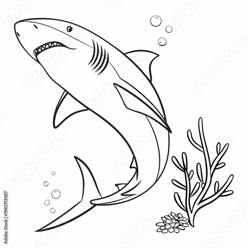 Great white shark underwater scene with bubbles and seaweed a dynamic line art illustration depicting marine environment