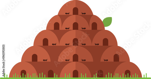 Layered Anthill Structure Vector Illustration with Ant Colony Tunnels and Multiple Entrances Showing Organized Insect Habitat for Ecology and Biology Design Projects