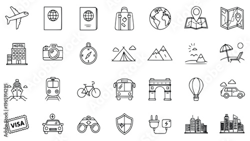 Travel icons for planning and exploring destinations worldwide easily