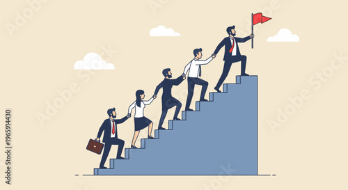 Business team climbing stairs to reach goal with leader