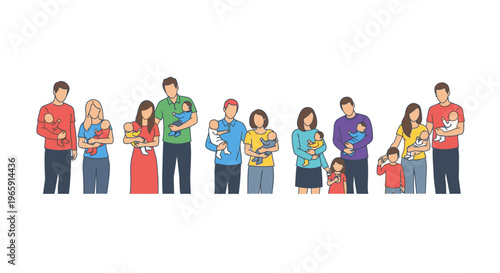 Families and parents holding babies line art illustration