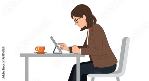 Businesswoman using digital tablet at desk with coffee cup