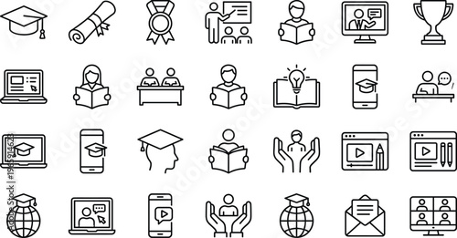 Online Education and E-Learning Line Icon Set Featuring Graduation, Courses, Students, Teaching, Certification, and Digital Learning Tools for UI Design