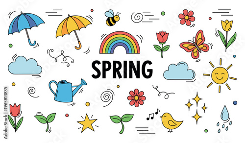 Spring icons displayed on white background in playful layout