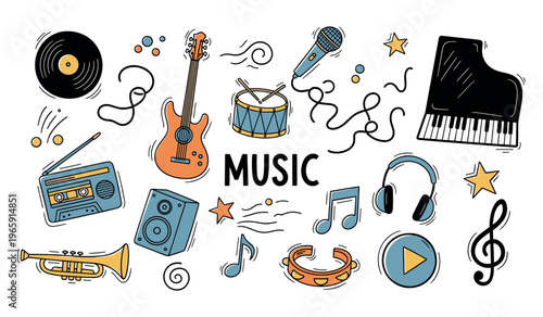 Music icons assorted around word on white background with instruments
