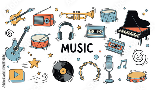 Music instruments and icons scattered on white background