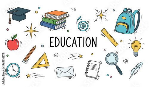 Education elements arranged around central text on white background