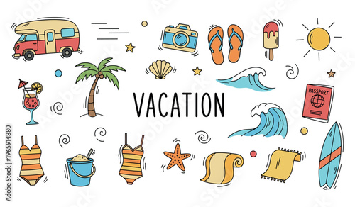Vacation symbols arranged in beach travel themed layout