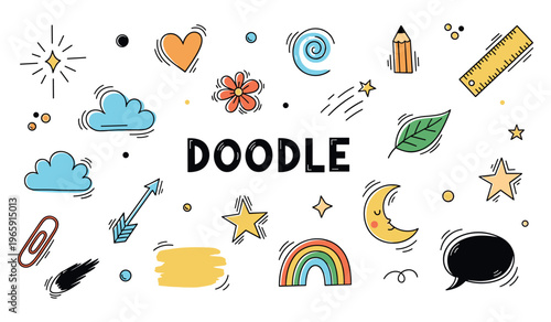 Doodle sketches dispersed across plain white background