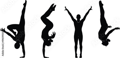 Set of gymnast silhouettes featuring female athletes performing various acrobatic moves like handstands tucks and aerial stunts isolated on a plain white background