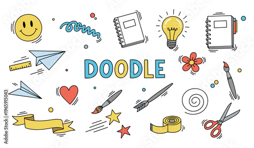 Doodle stationery and craft tools arranged on white backdrop