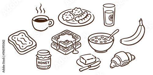 Breakfast food icons set outline sketch vector illustration