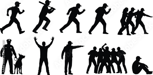 Silhouette illustration of human figures in dynamic action poses including running, confrontation, law enforcement, teamwork, and pursuit scenes for conceptual design
