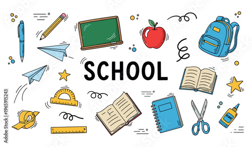 School supplies arranged around bold text on white background