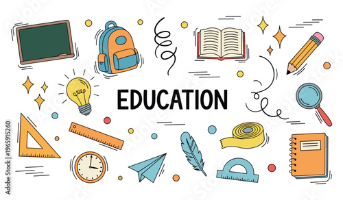 School supplies arranged around education word on white