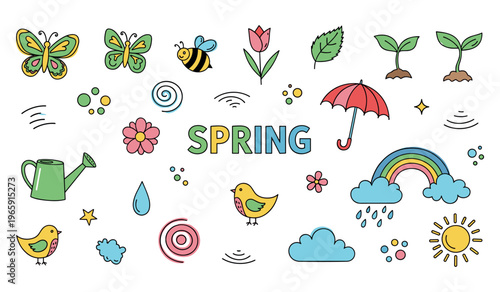 Spring symbols scattered across white seasonal background