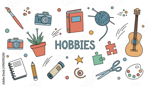 Hobbies icons depicting various pastimes on white background