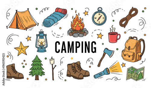 Camping gear arranged around campfire in outdoor icons banner