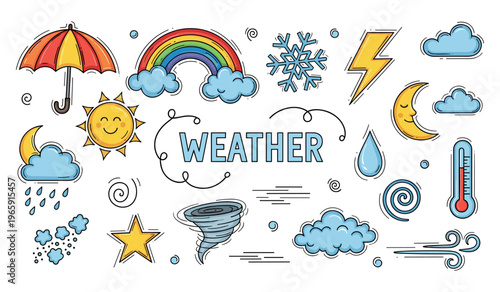 Weather icons collage displayed on white background illustration set