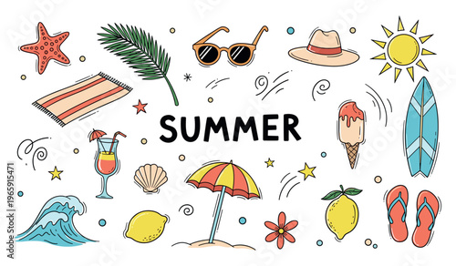 Summer elements displayed around central text on white