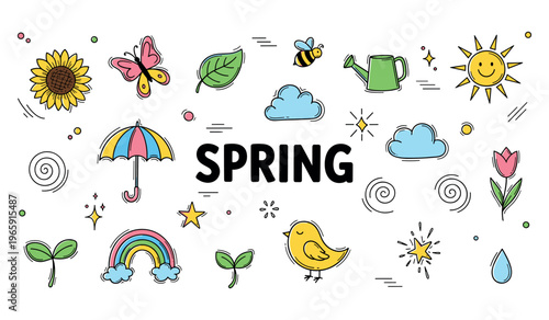 Spring icons showing growth and rain in white doodle background